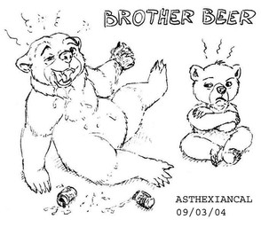 alcohol ambiguous_gender anthro beer beverage beverage_can drunk duo feral holding_object male simple_background substance_intoxication white_background young young_ambiguous young_feral asthexiancal brother_bear disney kenai_(brother_bear) koda_(brother_bear) bear brown_bear grizzly_bear mammal ursine black_and_white graphite_(artwork) monochrome traditional_media_(artwork)