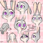 anthro dipstick_ears ear_markings ears_down ears_up fur grey_body grey_fur looking_up multicolored_ears open_mouth open_smile pattern_background pink_background pink_nose pivoted_ears purple_eyes simple_background smile solo 327b_(artist) disney zootopia judy_hopps lagomorph leporid mammal rabbit 1:1