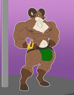 abs anthro backless_gloves biceps big_muscles biped black_nose bovid_horn brown_body brown_eyes brown_fur brown_hooves brown_horn brown_nipples brown_tail bulge caprine_horn chest_tuft clothed clothing dotted_background fingerless_gloves front_view fur gloves green_clothing green_underwear hands_on_hips handwear head_tuft hooves horn jockstrap male multicolored_body multicolored_fur multicolored_tail muscular muscular_anthro muscular_male nipples pattern_background pecs pole purple_background ram_horn short_tail simple_background small_tail smile solo standing stripper_pole tail topless tuft two_tone_tail underwear white_body white_fur white_tail unknownwolf easton_green bighorn_sheep bovid caprine mammal sheep 2018 digital_media_(artwork) full-length_portrait hi_res portrait