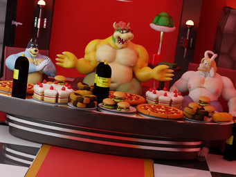 2_horns anthro beard belly beverage_bottle blonde_beard blonde_facial_hair blonde_hair blue_body blue_fur bottle bottomwear burger cake chair clothed clothing container dessert eyewear facial_hair floppy_ears food fur furniture glasses group hair horn inside koopa_shell long_ears looking_at_another male musclegut muscular muscular_anthro muscular_male navel nipples open_mouth overweight overweight_anthro overweight_male pants pecs pink_nipples pizza red_hair shell sitting soda_bottle topless topless_male trio turtle_shell yellow_body onehundredandone codans_(modeler) bluey_(series) mario_bros nintendo undertale_(series) asgore_dreemurr bandit_heeler bowser australian_cattle_dog bovid canid canine canis caprine cattledog domestic_dog goat herding_dog koopa mammal pastoral_dog scalie absurd_res hi_res