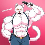 abs anthro belt big_muscles big_pecs blush bottomwear cat_tail clothed clothing denim denim_bottomwear denim_clothing flexing fur gun gun_holster holster huge_muscles huge_pecs jeans looking_at_viewer male muscular muscular_anthro muscular_male overalls pants pecs ranged_weapon smile smirk solo topless weapon white_body white_fur yellow_eyes omegabrawl epic_games fortnite meowscles meowscles_(ghost) domestic_cat felid feline felis mammal 1:1