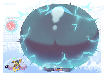 belly big_belly big_breasts breasts expansion huge_belly huge_breasts hyper hyper_belly hyper_breasts inflation text zegorav nintendo pokemon generation_7_pokemon legendary_pokemon pokemon_(species) zeraora 2025 absurd_res artist_name colored digital_media_(artwork) english_text hi_res shaded