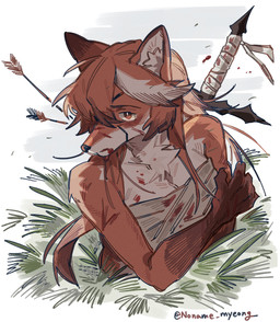 anthro arrow_(weapon) bandage bandaged_chest blood blood_on_body blood_on_clothing blood_on_face bodily_fluids clothing eye_patch eyewear female fur hair melee_weapon orange_body orange_fur orange_hair ranged_weapon simple_background solo sword weapon white_background noname_myeong jeanne_(noname_myeong) canid canine fox mammal absurd_res hi_res