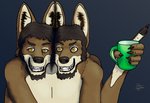 2_heads anthro beverage canid canine canis coffee container coyote coyote-only cup male mammal multi_arm multi_head multi_limb polydactyly solo