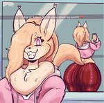 anthro big_butt big_tail blonde_hair bottomwear butt caption cheek_tuft clothing detailed_background dewlap_(anatomy) facial_tuft female fluffy fluffy_tail fur hair huge_butt huge_hips huge_tail huge_thighs long_hair mirror mirror_reflection mirror_selfie pants pink_eyes reflection selfie solo tail teeth thick_thighs tight_bottomwear tight_clothing tight_fit tuft wide_hips yellow_body yellow_fur l0ad1ng forbidden_pants furr_oritsu canid canine fox mammal 2025 digital_media_(artwork) hi_res