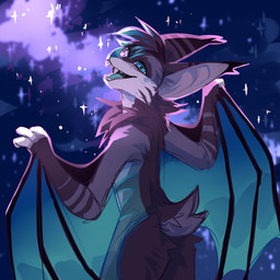 abstract_background ambiguous_gender anthro blue_eyes blue_hair blue_nose blue_tongue blue_wings brown_body brown_fur brown_hair butt butt_tuft cheek_tuft chest_tuft ear_tuft facial_tuft fangs fur glistening glistening_eyes hair membrane_(anatomy) membranous_wings multicolored_hair nude nude_ambiguous nude_anthro open_mouth open_smile smile solo sparkles standing teeth three-quarter_view tongue translucent translucent_wings tuft two_tone_hair unsigned white_body white_fur winged_arms wings corzh77 bat mammal 1:1 absurd_res hi_res