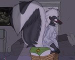 anthro back-print_panties bedroom blush butt clothed clothing embarrassed female fur green_clothing green_panties green_underwear panties presenting raised_tail solo tail underwear homo_the_domo dark_souls fromsoftware mammal mephitid skunk 2020 5:4 hi_res