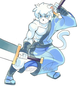 anthro clothing footwear holding_object holding_weapon male muscular muscular_male sandals shoes solo tail weapon zipskyblue akira_(zipskyblue) felid feline mammal hi_res