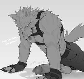anthro balls belt big_penis bodily_fluids bottomwear clothing dialogue erection excessive_genital_fluids excessive_precum fur genital_fluids genitals glans grinding harness humanoid_genitalia humanoid_penis male pants penis precum simple_background solo tail text tongue tongue_out kojiray canid canine mammal digital_drawing_(artwork) digital_media_(artwork) english_text hi_res monochrome