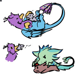 anthro avian_feet beak blue_body chibi duo feathered_wings feathers female feral male paws pink_body quadruped tail tail_tuft tuft wings gyrotech xeirla hasbro my_little_pony mythology gyro_feather luvashi rurr avali avian bird equid equine galliform gryphon horse mammal mythological_avian mythological_creature peafowl phasianid absurd_res hi_res