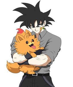 bandage clothing duo gloves handwear happy language male muscular bad_random dragon_ball nintendo pokemon pokemon_winds_and_waves goten canid canine generation_10_pokemon human humanoid mammal pokemon_(species) pombon saiyan 2026 5:6 absurd_res crossover hi_res