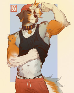 anthro arm_tuft armpit_hair backwards_baseball_cap backwards_hat baseball_cap black_clothing black_collar black_shirt black_tank_top black_topwear body_hair bottomwear boxer_briefs brown_body brown_eyes brown_fur buckled_collar clothed clothing clothing_lift collar collar_tag flexing flexing_bicep fur geometric_background grey_body grey_fur half-closed_eyes hat head_tuft headgear headwear logo looking_at_viewer male midriff multicolored_body multicolored_fur muscular muscular_anthro muscular_male narrowed_eyes navel orange_body orange_fur red_bottomwear red_cap red_clothing red_shorts shirt shirt_lift shorts shoulder_tuft simple_background solo tail tank_top topwear tuft underwear whiskers white_body white_fur ekzonzz canid canine canis domestic_dog mammal 2026 absurd_res artist_logo digital_drawing_(artwork) digital_media_(artwork) hi_res portrait three-quarter_portrait