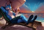 4_toes abs anthro athletic athletic_anthro athletic_male beach_blanket beach_chair beach_towel beach_umbrella beverage black_body black_ears black_fur black_nose blue_body blue_fur blue_paws bottomwear chair claws clothed clothing cloud container crossed_legs cup day detailed_background digitigrade feet fur furniture glass glass_container glass_cup green_blanket green_bottomwear green_clothing green_shorts green_towel hand_behind_head holding_object ice_cube lemonade looking_ahead looking_aside lounging lying male muscular muscular_anthro muscular_male on_back outside palm_tree parasol pawpads paws pecs plant raised_arm realistic realistic_anatomy realistic_fur reclining relaxing rock sand shore shoreline shorts shorts_only sitting sky smile solo star starry_sky sun sunset toes topless topless_anthro topless_male towel tree umbrella water whisker_spots whiskers white_body white_fur white_inner_ear wood wood_chair wood_furniture yellow_eyes rhyu canid canine fox mammal 2016 signature