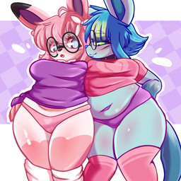 anthro anthrofied big_breasts blue_eyes blue_hair blue_lipstick blush breasts clothed clothing duo eyewear female female/female glasses hair lipstick looking_at_viewer makeup medium_breasts multicolored_body open_mouth pink_hair simple_background slightly_chubby smile surprised tail thick_thighs topwear two_tone_body wearing_glasses white_body wide_hips dennhaze nintendo pokemon irene_(dennhaze) eeveelution generation_4_pokemon generation_6_pokemon glaceon mammal pokemon_(species) sylveon 1:1 absurd_res digital_media_(artwork) hi_res
