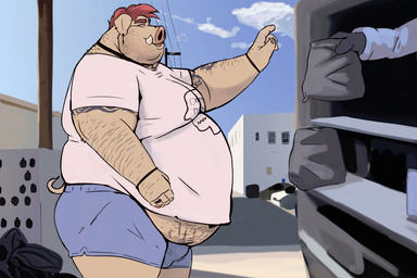 anthro arm_tattoo belly belly_hair belly_overhang belly_peek big_belly body_hair bottomwear bracelet breath bulge clothed clothing commercial_vehicle delivery_(commerce) delivery_vehicle detailed_bulge ear_piercing floppy_ears food_truck fully_clothed hair hairy holding_bag jewelry male medium_truck moobs multi-stop_van navel necklace offscreen_character outside piercing ring screen shirt shorts sky small_tail solo t-shirt tail tattoo topwear truck tusks van vehicle tcw domestic_pig mammal suid suine sus_(pig)