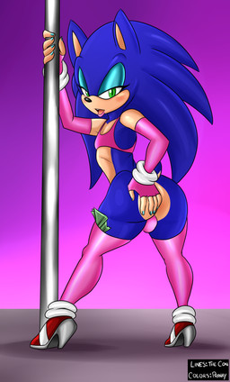 anthro armwear biped blue_body blue_fur blush clothed clothing crossdressing dancing drag_(fashion) drag_queen femboy footwear fur gloves half-closed_eyes handwear high_heels legwear lipstick makeup male money narrowed_eyes pole pole_dancing shoes solo stripper thigh_highs pranky thecon sega sonic_the_hedgehog_(series) sonic_the_hedgehog eulipotyphlan hedgehog mammal hi_res