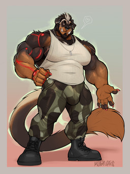 abs anthro arm_scar army army_clothing army_outfit army_uniform barazoku beard biceps big_muscles big_pecs black_beard black_body black_boots black_clothing black_facial_hair black_footwear black_fur black_sideburns boots bottomwear bulge camo camo_bottomwear camo_clothing camo_pants camo_print chest_scar claws clothing combat_boots cybernetics dog_tags ear_piercing ear_ring eye_scar facial_hair facial_piercing facial_scar fist footwear fur green_bottomwear green_clothing green_pants happy heart_symbol looking_at_viewer machine male manly military military_clothing military_pants military_uniform multicolored_body multicolored_fur muscular muscular_anthro muscular_arms muscular_male nose_piercing nose_ring orange_body orange_fur pants pattern_bottomwear pattern_clothing pattern_pants pecs piercing pose ring_piercing scar shadow shirt shoes sideburns smile smiling_at_viewer soldier solo standing tail tank_top thick_arms thick_thighs topwear tusks uniform warrior white_body white_clothing white_fur white_shirt white_tank_top white_topwear marlon.cores canid canine canis domestic_dog gulonine hybrid mammal mastiff molosser mustelid musteline rottweiler wolverine hi_res