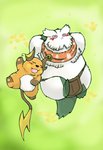 anthro belly black_nose blush duo eyes_closed fur green_body green_fur kemono lying male overweight overweight_male sleeping white_body white_fur snow_utamaru nintendo pokemon fan_character abomasnow generation_1_pokemon generation_4_pokemon pokemon_(species) raichu 2011