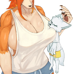 anthro big_breasts bite bottomwear breast_bite breast_play breasts clothing duo female fur hair larger_female male male/female orange_body orange_fur orange_hair shirt shorts size_difference smaller_male tank_top topwear white_body white_fur white_hair fetloaf annie_(fetloaf) yuri_(fetloaf) canid canine domestic_cat felid feline felis fox mammal hi_res