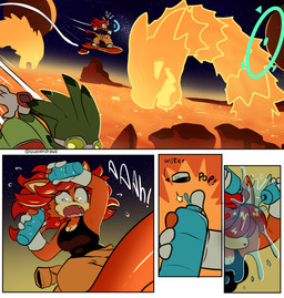 clothing fangs female fire lava male panicked_look racing shirt tank_top teeth text topwear water quavernsfw sega sonic_riders sonic_the_hedgehog_(series) jet_the_hawk luana_the_cat accipitrid accipitriform avian bird domestic_cat felid feline felis mammal comic hi_res