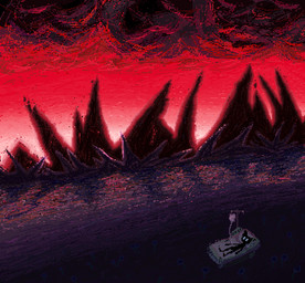 ambiguous_gender anthro bed detailed_background furniture hospital_bed lying mountain on_back red_sky rock sky solo demensa unknown_species 2019 digital_media_(artwork) pixel_(artwork)
