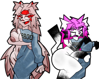 accessory anthro arm_under_breasts breast_scar breasts clothing duo female fur fur_markings genitals half_naked headband looking_up male markings paw_pose penis pose scar sweater topwear oboegollum brooklyn_sweater kalia_(oboegollum) naku_(oboegollum) felid feline lynx mammal 5:4 absurd_res hi_res