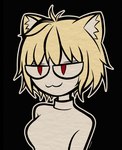 :3 animal_ears black_background blonde_hair clothing female hair light_body light_skin noseless outline red_eyes short_hair simple_background solo style_emulation topwear white_clothing white_outline white_topwear meowmei the_coffin_of_andy_and_leyley tsukihime type-moon ashley_graves neco-arc animal_humanoid cat_humanoid felid felid_humanoid feline feline_humanoid humanoid mammal mammal_humanoid 2023 artist_name flat_colors half-length_portrait hi_res portrait