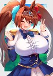 big_breasts breasts brown_hair clothed clothing female gesture hair hand_gesture huge_breasts looking_at_viewer one_eye_closed solo v_sign wink macwall_e cygames uma_musume_pretty_derby daiwa_scarlet_(pretty_derby) animal_humanoid equid equid_humanoid equine equine_humanoid humanoid mammal mammal_humanoid hi_res