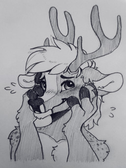 anthro antlers covering covering_face fingers hooved_fingers hooves horn looking_at_viewer male markings nervous shy solo spots spotted_body trickate breezy_(breezydiz) cervine deer fallow_deer mammal absurd_res hi_res monochrome traditional_media_(artwork)