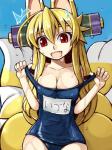 :d blonde_hair bodily_fluids breasts cleavage clothed clothing collarbone fangs female fox_tail hair long_hair looking_at_viewer multi_tail open_mouth red_eyes school_swimsuit scroll smile solo sweat sweatdrop swimwear tail teeth wet saru_000 shinrabanshou izuna_(shinrabanshou) animal_humanoid canid canid_humanoid canine canine_humanoid fox fox_humanoid humanoid mammal mammal_humanoid 3:4