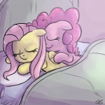 bed cuddling duo eyes_closed feathered_wings feathers female feral furniture on_bed platonic sleeping smile under_covers wings yellow_body yellow_feathers speccysy friendship_is_magic hasbro my_little_pony mythology fluttershy_(mlp) pinkie_pie_(mlp) earth_pony equid equine horse mammal mythological_creature mythological_equine pegasus pony 1:1