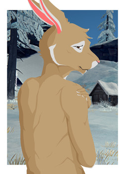 5_fingers anthro arm_markings bedroom_eyes biped border brown_body brown_eyes brown_fur detailed_background ear_markings facial_markings fingers forest forest_background fur game_background hair hand_markings head_markings male male_anthro markings narrowed_eyes nature nature_background nude nude_anthro nude_male outdoor_nudity outside pink_nose plant presenting rear_view seducing_viewer seductive sky slim snow solo tree white_border cutebunnyboi the_long_dark lagomorph leporid mammal rabbit digital_media_(artwork) half-length_portrait hi_res portrait
