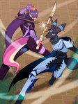 cape clothing duo female fight fighting_pose hood hunter_(destiny_2) male male/female mask melee_weapon pose sword weapon freakster destiny_(video_game) destiny_2 nintendo pokemon eeveelution generation_2_pokemon pokemon_(species) reptile scalie snake umbreon hi_res