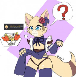 accessory anthro blue_eyes bodily_fluids brown_body clothed clothing clothing_lift dress dress_lift duo eyewear female flower flower_in_hair fur glasses hair hair_accessory inner_ear_fluff legwear male markings orange_inner_ear_fluff pink_inner_ear plant question_mark rectangular_glasses ring_(marking) ringed_tail smug smug_face smug_grin striped_markings striped_tail stripes sweat tail tail_markings text thigh_highs tuft wearing_glasses white_body white_fur yellow_body yellow_fur fokkorev discord_(app) nintendo pokemon abby_(abra) aeren_(fokkorev) fan_character abra fennekin generation_1_pokemon generation_6_pokemon mammal pokemon_(species) 2025 digital_drawing_(artwork) digital_media_(artwork) english_description english_text hi_res