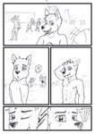 aariel_(wolfyalex96) abs anthro athletic axel_(wolfyalex96) ball beach beach_ball blush building canid canine clothed clothing comic digital_media_(artwork) duo fangs first_page hi_res inflatable jewelry looking_back male male/male mammal medibang_paint_(artwork) monochrome navel necklace nipples one_eye_closed open_mouth page_number palm_tree plant playing sea seaside shirt shirtless simple_background smile swimming_trunks swimwear teeth topless topless_male topwear tree water wink wolfyalex96