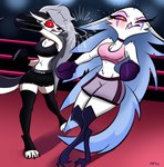 angry anthro boxing boxing_gloves boxing_shorts bra breasts claws cleavage clothed clothing detailed_background duo female fighting_ring fur grey_body grey_fur grey_hair hair hair_over_eye handwear long_hair midriff pink_eyes pink_sclera punch red_eyes red_sclera sport sports_bra standing toe_claws toeless_legwear underwear white_body white_face white_fur white_hair wounded 49ersrule07_(artist) helluva_boss mythology loona_(helluva_boss) stella_(helluva_boss) anatid anseriform anserinae avian avian_demon bird canid canid_demon canine demon hellhound mammal mythological_canine mythological_creature swan 2024 hi_res