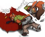 2018 anthro backsack balls bed canid canine carrot_pen clothing disney english_text expansion fox furniture gasp genitals growth kitsunedark male mammal mind_break nick_wilde red_fox solo tail tail_expansion tail_growth tail_tenting text third-party_edit torn_clothing transformation true_fox zootopia
