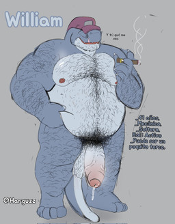 anthro arm_hair balls blue_body bodily_fluids body_hair chest_hair clothing dialogue dripping feet genital_fluids genitals grey_background hairy hairy_balls hairy_legs half-erect hat hat_only headgear headgear_only headwear headwear_only male mostly_nude multicolored_body nipples open_mouth overweight overweight_anthro overweight_male penis precum precum_drip shaved simple_background solo standing tail text two_tone_body vein veiny_penis harguzz william_(harguzz) common_hippopotamus hippopotamid mammal hi_res signature spanish_text translated