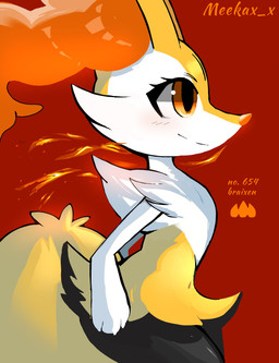 3_toes ambiguous_anthro ambiguous_gender anthro arm_tuft big_tail biped black_body black_fur blush blush_lines cheek_tuft chest_tuft claws closed_smile eyelashes facial_tuft feet finger_claws fire fur hip_tuft inner_ear_fluff mouth_closed multicolored_body multicolored_fur orange_body orange_eyes orange_fur orange_inner_ear_fluff orange_nose pokedex_number red_background shoulder_tuft side_view simple_background smile snout solo standing tail text toes tuft white_body white_claws white_fur yellow_body yellow_fur yellow_tail meekax_x nintendo pokemon braixen canid generation_6_pokemon mammal pokemon_(species) 2023 absurd_res artist_name cel_shading character_name colored digital_drawing_(artwork) digital_media_(artwork) hi_res portrait shaded three-quarter_portrait
