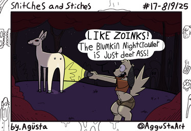 ambiguous_gender anthro black_body black_ears black_eyes black_fur black_nose border bottomwear butt chest_tuft clothing crop_top detailed_background dialogue duo eating eating_grass feral flashlight floppy_ears forest fur googly_eyes grass grazing head_tuft holding_flashlight holding_object hooves humor looking_at_another looking_back male midriff multicolored_body multicolored_fur night open_mouth orange_clothing orange_crop_top orange_sclera orange_shirt orange_topwear outside plant shirt shorts shrub sky slime speech_bubble star tail tan_body tan_bottomwear tan_clothing tan_fur tan_shorts text topwear tree tuft white_border agusta hanna-barbera scooby-doo_(series) shaggy_rogers stich_(agusta) canid canine canis deer domestic_dog fresno_nightcrawler mammal 2025 artist_name comic dated english_text hi_res one_panel_comic sketch