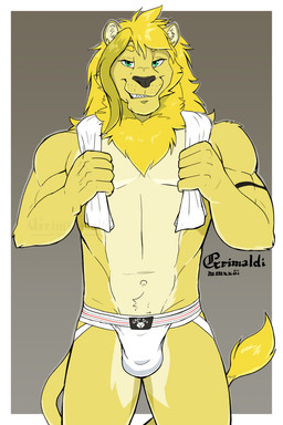 anthro broad_shoulders bulge clothed clothing fur green_eyes grin grinning_at_viewer jockstrap jockstrap_bulge jockstrap_only male male_anthro mane smile smiling_at_viewer solo topless towel towel_around_neck underwear underwear_only white_clothing white_jockstrap white_underwear yellow_body yellow_fur grimsvault jude_(shmagaman) felid lion mammal pantherine 2023 dated