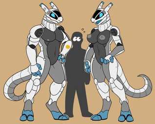 2_toes 3_fingers anthro breasts digitigrade featureless_crotch feet female female_anthro fingers group larger_anthro larger_female larger_male machine male male_anthro male_human nipples simple_background size_difference smaller_human smaller_male standing tail toes trio 60percentscalie android human mammal robot synth_(vader-san) 2021 hi_res