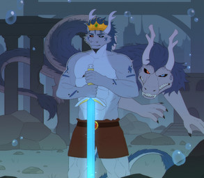anthro black_claws blue_body blue_hair claws duo feral hair heterochromia male melee_weapon sword tail underwater water weapon white_body suncix mythology lupus_dawagon aquatic aquatic_dragon dragon mythological_creature mythological_scalie scalie hi_res