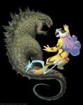 ambiguous_gender claws duo open_mouth simple_background size_difference teeth text tongue arvalis godzilla_(series) nintendo pokemon toho godzilla dinosaur felid generation_2_pokemon legendary_pokemon mammal pokemon_(species) prehistoric_species raikou reptile scalie theropod 2015 absurd_res alpha_channel hi_res url watermark