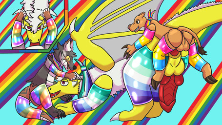 anal anal_penetration animal_genitalia anthro ball bulge butt clothing detailed_bulge erection feral fur genital_outline genitals group hooves legwear lgbt_pride male male/male male_penetrating nude pansexual_pride_colors penetration penis penis_outline pride_color_clothing pride_color_flag pride_color_kerchief pride_color_legwear pride_colors rainbow rainbow_background rainbow_pride_colors sex simple_background six-stripe_rainbow_pride_colors smile super_gay tail trio miguel_the_divine_dragon mythology bandit_(wolfie2035) migueldivinedragon price_the_camel camel camelid dragon mammal mythological_creature mythological_scalie scalie absurd_res digital_media_(artwork) hi_res