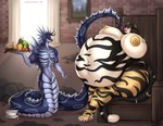 anthro belly big_belly big_breasts breasts castle duo feeding female food growth huge_belly huge_breasts hyper hyper_belly male male/female muscular muscular_male lavochnica felid mammal pantherine reptile scalie snake tiger absurd_res hi_res