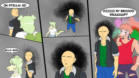 annoyed anthro backpack biped blue_bottomwear blue_clothing blue_eyes blue_pants bottomwear choker clothed clothed_anthro clothed_female clothed_human clothed_male clothing confusion dialogue female fingers fist frown green_body green_clothing green_hair green_shirt green_topwear grey_clothing grey_jacket grey_topwear group hair hair_bun high-angle_view humanoid_hands jacket jewelry long_hair looking_at_another male markings necklace open_clothing open_jacket open_mouth open_smile open_topwear pants pink_body pink_hair purple_bottomwear purple_clothing purple_eyes purple_pants red_clothing red_shirt red_tank_top red_topwear shirt short_hair smile speech_bubble striped_markings stripes talking_to_another tank_top text topwear torn_bottomwear torn_clothing torn_pants trio twin_buns white_clothing white_shirt white_topwear fuegosonic93 cavemanon_studios goodbye_volcano_high ko_op_(game_developer) snoot_game anon_(snoot_game) reed_(gvh) stella_(gvh_beta) dinosaur dromaeosaurid human mammal ornithischian prehistoric_species reptile saurischian scalie stegosaurian stegosaurus theropod thyreophoran velociraptor 16:9 4k absurd_res colored comic english_text hi_res widescreen