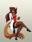 anthro biped book bottomwear breasts brown_body brown_fur brown_hair chair cleavage clothed clothing coat eyewear female footwear fur furniture glasses hair high_heels lab_coat long_hair shirt shoes skirt solo tail topwear yellow_eyes chalo las_lindas tiare_mehran domestic_cat felid feline felis mammal