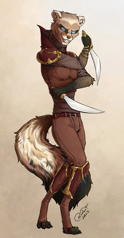 armor dagger glowing glowing_eyes looking_at_viewer male melee_weapon smile solo standing sword teeth unusual_eyes weapon blokfort domestic_ferret mammal mustelid musteline true_musteline weasel 2023 hi_res