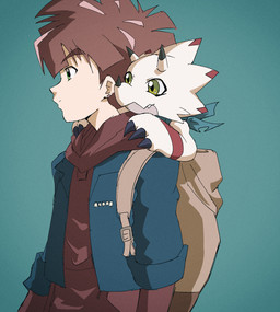 anthro backpack black_claws brown_hair claws clothing duo facial_horn hair hoodie horn kerchief male nose_horn simple_background topwear white_body yellow_eyes kubota_keita bandai_namco digimon digimon_ghost_game gammamon_(ghost_game) hiro_amanokawa ceratopsian digimon_(species) dinosaur gammamon human mammal ornithischian prehistoric_species reptile scalie colored hi_res shaded